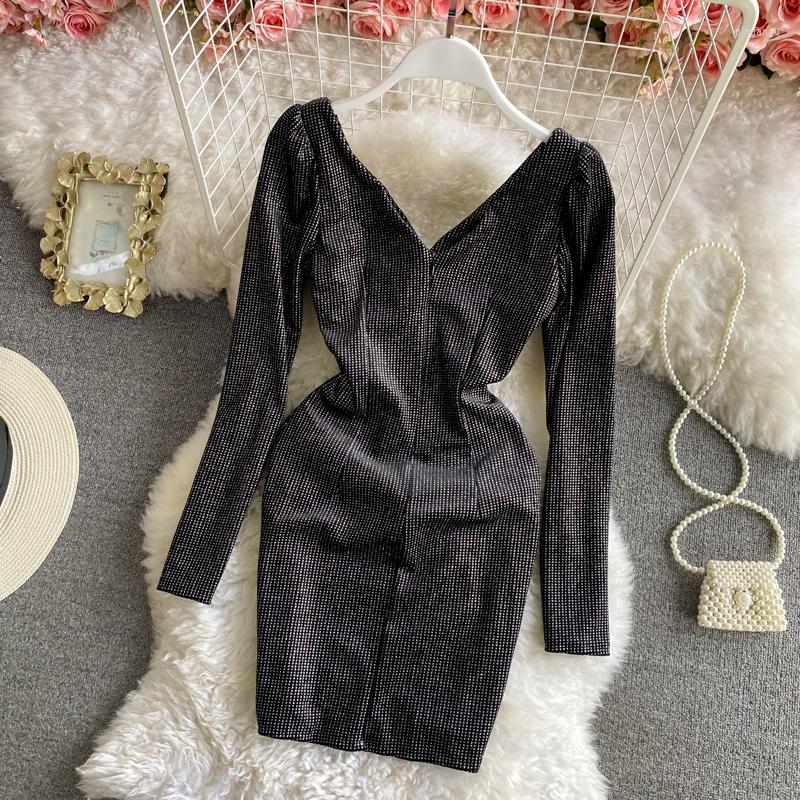

Casual Dresses 2022 Spring Summer Women Temperament Vestidos Female V-neck Low-cut Tight-fitting Slimming Irregular Hip Mini Dress, Black
