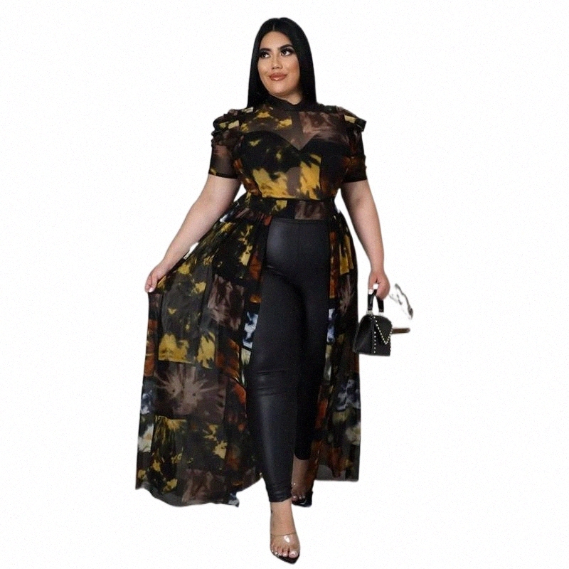 

plus Size Dresses Urban For Women Round Neck High Waist Short Sleeve Mesh Hollow Out Elegant Maxi Dress 20a4#, Black
