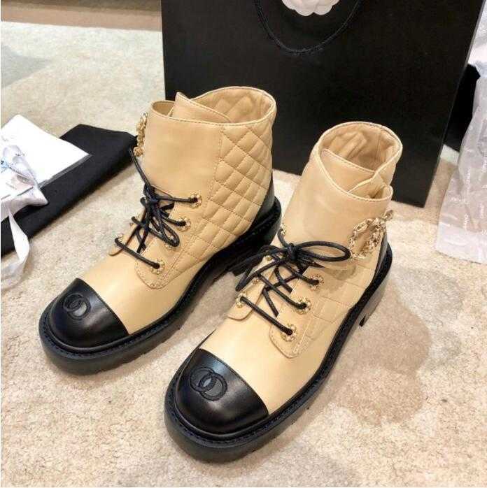 

Interlocking Black Ankle Biker platform flats combat Boots low heel lace-up booties leather chains buckle women luxury designers