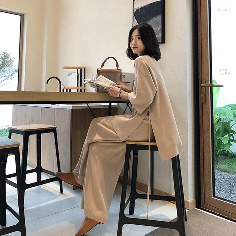 

Women's Two Piece Pants Knitting Female Sweater Pantsuit For Women Set Knitted Pullover V-neck Long Sleeve Bandage Top Wide Leg Suit