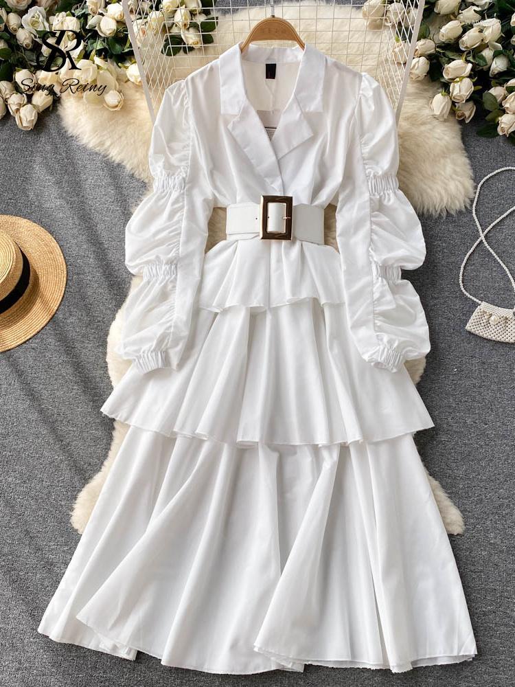 

Casual Dresses Summer 2022 Ruffled Dress Women Solid Elegant Long Sleeves Sashes V Neck Vacation Ladies A Line DressesCasual, White