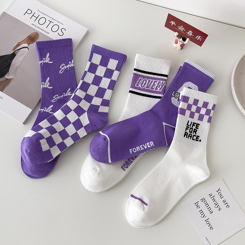 

Women Socks Square Grid Sock White Puple Fashion Sport Cotton For Girls Kawai Female High Quality Harajuku Calcetines