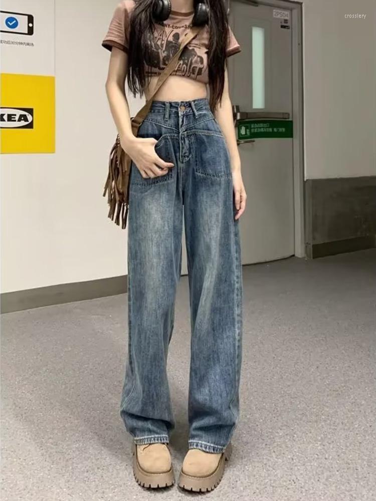 

Women' Jeans Feynzz Retro Blue Distressed Korean Version High-waisted High-straight Design Loose