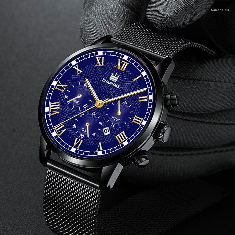 

Wristwatches 2022 Luxury Hollow Out Men's Fashion Business Calendar Watches Stainless Steel Mesh Belt Analog Quartz Watch Relogio Masculino, Gold black