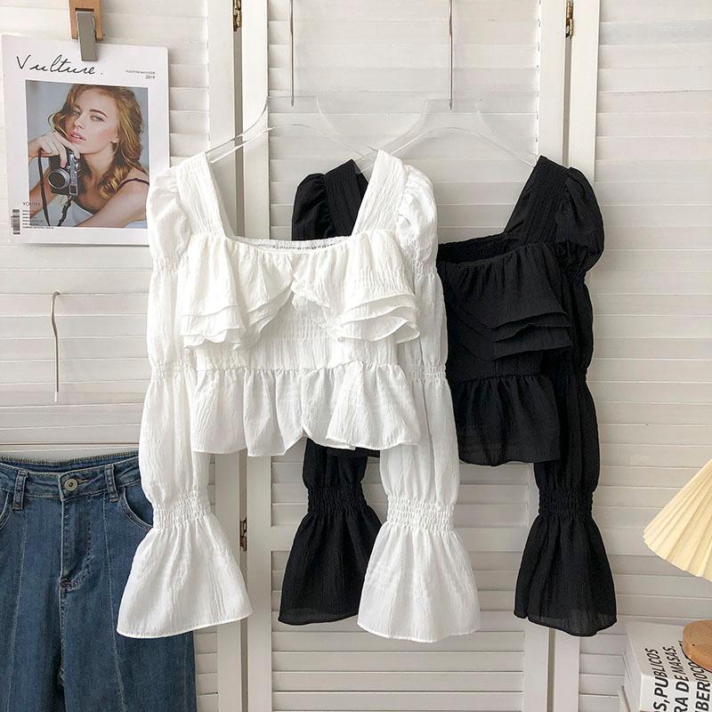

Women's Blouses Korean Fashion Autumn For Women Casual Ruffles Flare Long Sleeve Square Collar Femme Shirt Tops French Chic Woman Blusas, Black