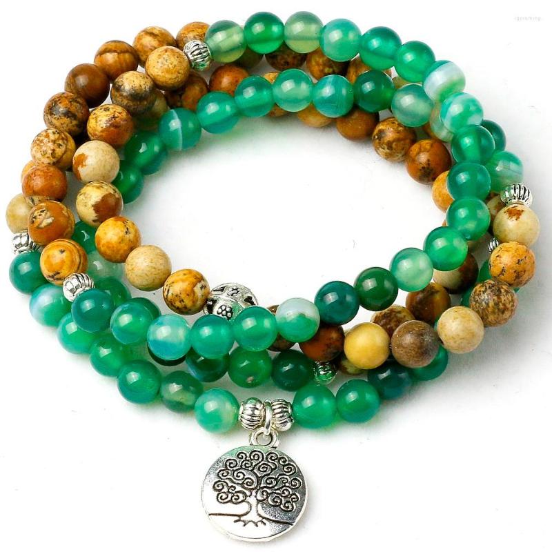 

Strand Women Green Watery Onyx Stone Bracelet 108 Mala Beads Picture Charm Yoga