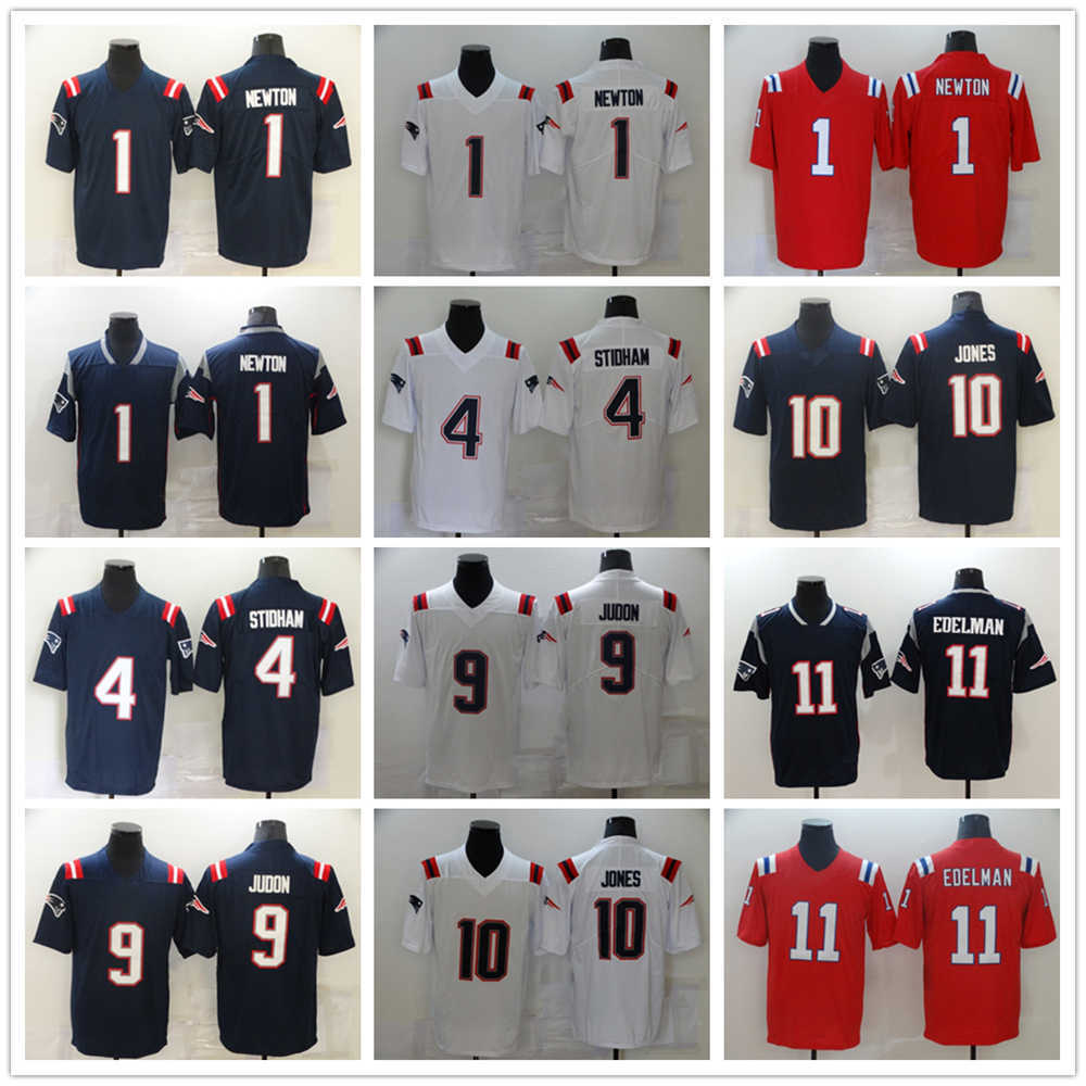 

2022 New Football Jerseys 1 Cam Newton 4 Jarrett Stidham 9 Matthew Judon 10 Mac Jones 11 Julian Edelman Stitched Jersey, Same as picture