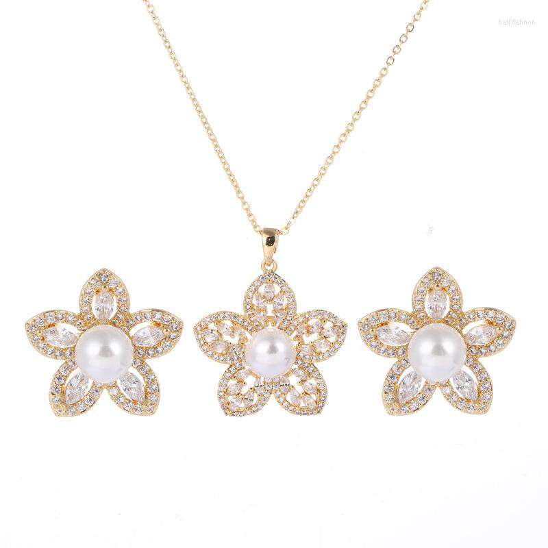 

Necklace Earrings Set 2022 Luxury Copper Micro-set Zircon Pentagram Two-piece Jewelry Pearl Necklaces Pendants, Picture shown