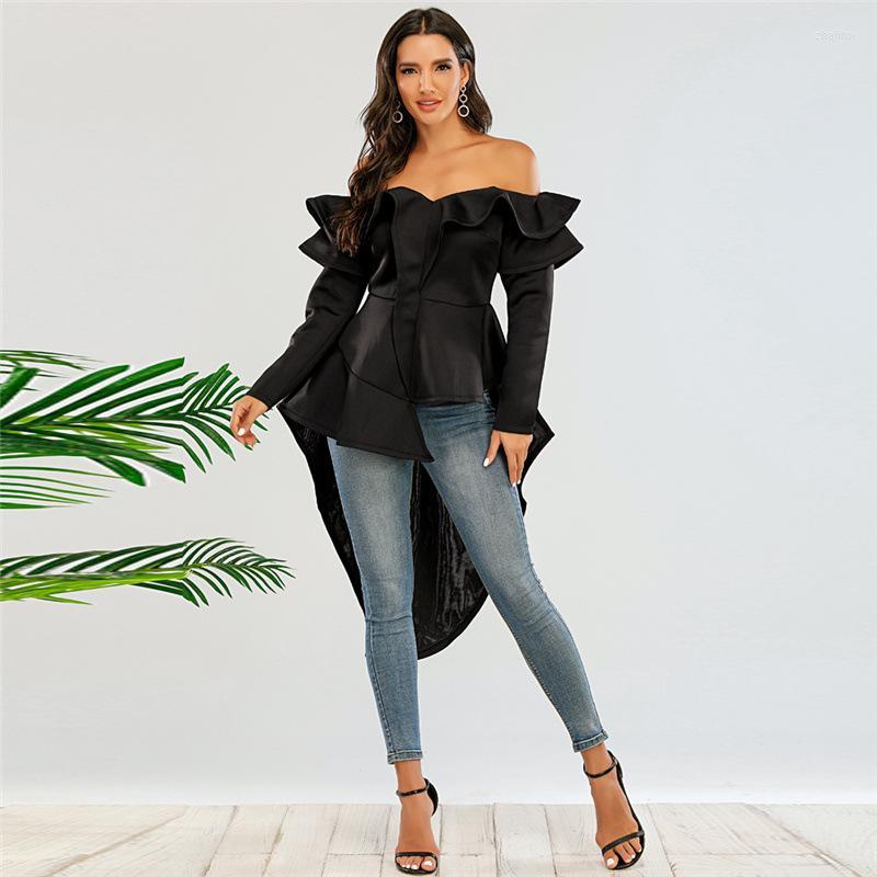 

Women's Blouses Women's & Shirts Spring Autumn Elegant Female A Tail Evening Tops For Women And Off Shoulder Black Top Long Sleeve