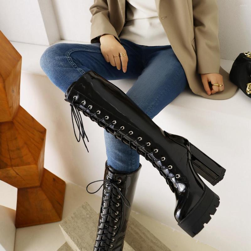 

Boots Women Platform Lace Up Long Patent Leather Waterproof Knee High White Red Party Fetish Boot Women's Shoes Winter, 1 white