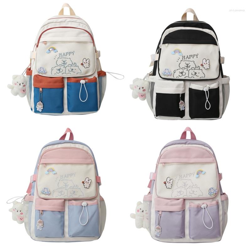 

School Bags Korean Lovely Backpack Teen Girls Large Capacity Bookbag Junior High Students Shoulder Bag With Cute Badge Pendant, Blue