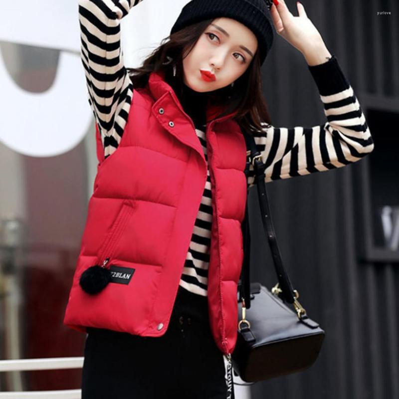 

Women' Vests Jacket Vest Stand Collar Padded Puffer Solid Color Button Zipper Placket Coat Windproof Plush Ball Decor Waistcoat, Black