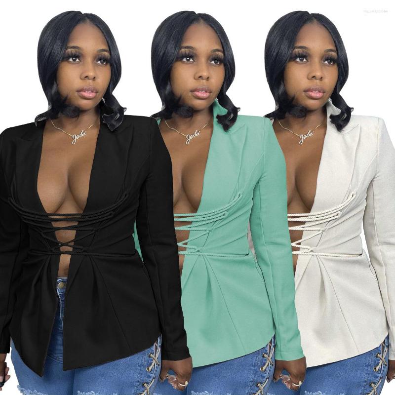 

Women' Suits Chiclover Long Sleeve Women Blazer Sexy Notched Hollow Out Cross Ribbons Coats Sweet Office Ladies Fall Winter Clothes, Beige