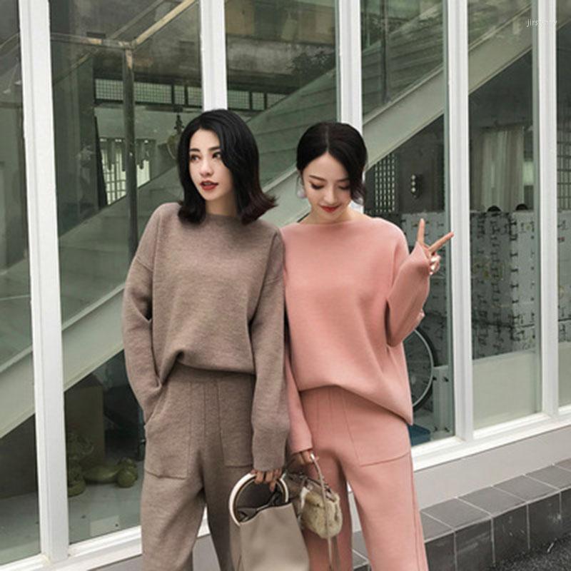 

Women' Two Piece Pants 2 Pieces Set Women Oversize Tracksuit Collar Hedging Sweater Pullover Straight Knitted Outwear Suit