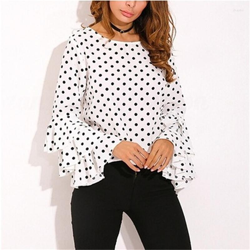

Women' Blouses Women' & Shirts 2022 Arrival Women Tops Casual O-Neck Long Sleeves Spring Summer Polka Dots Shirt Layered Trumpet, White