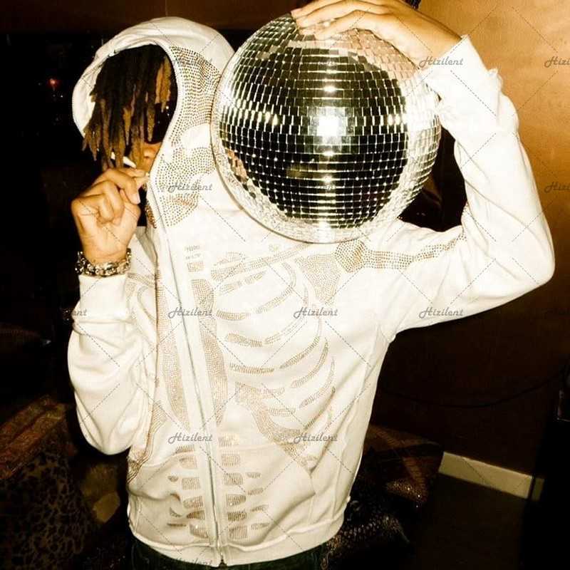 

Zip Hoodie Rhinestone skeleton white Sweatshirt hoodie men Sport Coat Pullover Gothic Long Sleeve Oversized hoodie Y2k jacket
