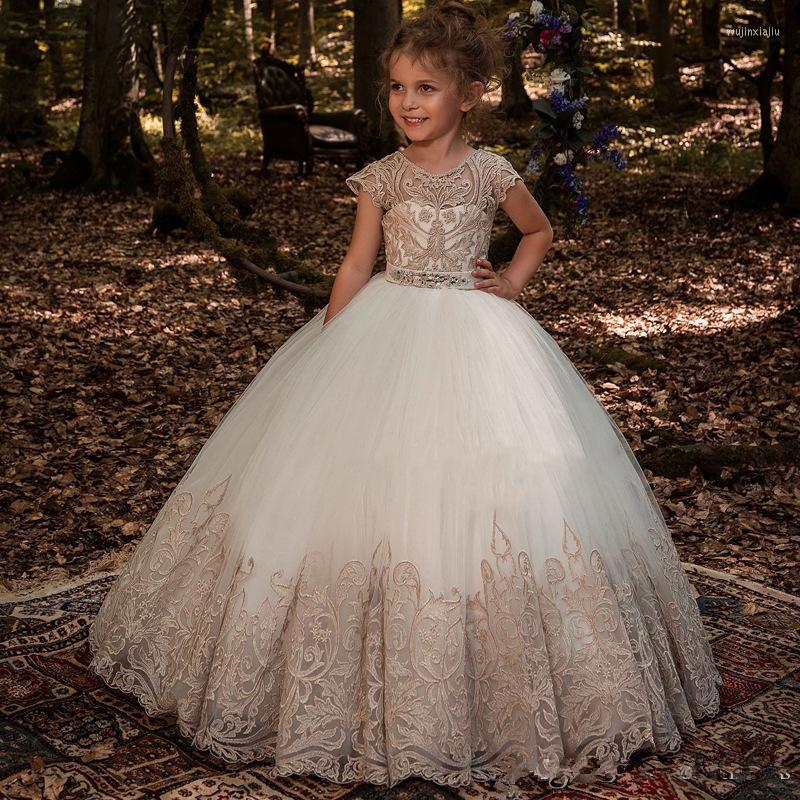 

Girl Dresses Elegant Cap Sleeves Lace A Line Flower Tulle Beaded Sash Floor Length Gilrs 'Pageant Birthday Party, Red
