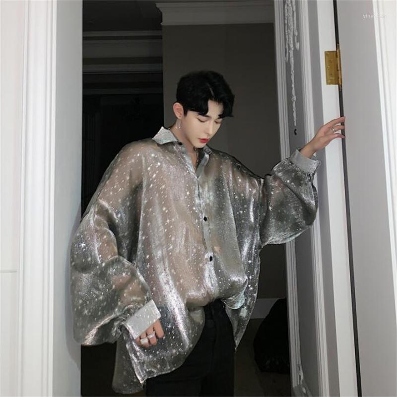 

Men's Casual Shirts Nightclub Shiny Starry Sky Shirt Mens Stage Catwalk Show Dress Transparent Lace Clothing Loose Mesh Long-sleeved Black