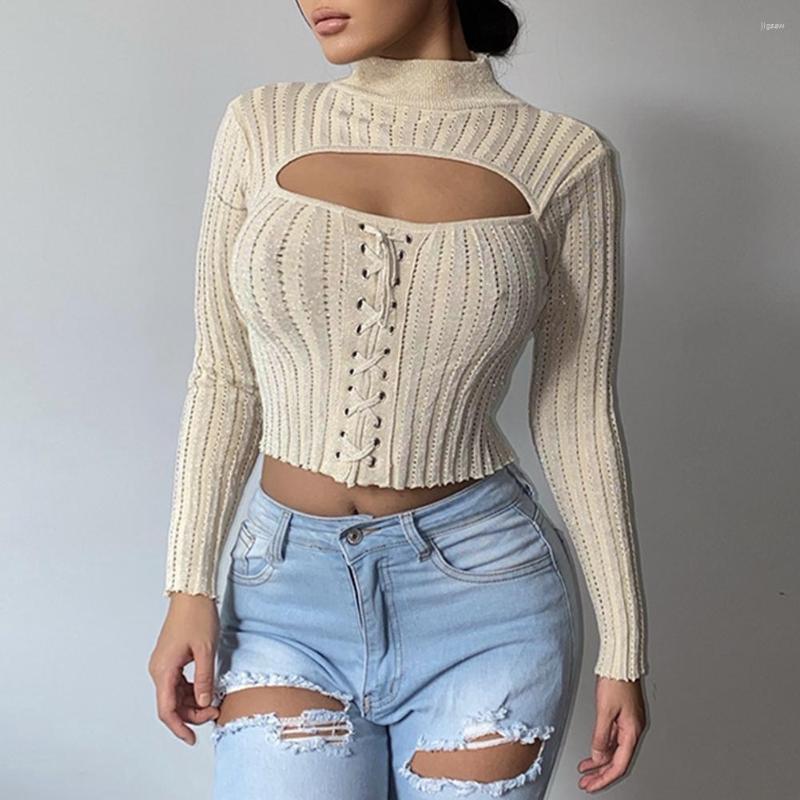 

Women's Sweaters Knit Top Turtle Neck Women Sweater Long Sleeve 2022 Arrival Fall Clothes For Chest Cut Out Bandage Thread E5G7, Khaki