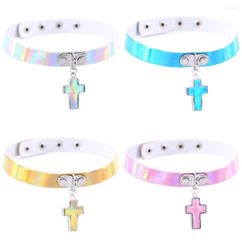 

Choker PU Leather Necklace Gift For Women Holographic Heart Metal Laser Collar Chocker Fashion Jewelry