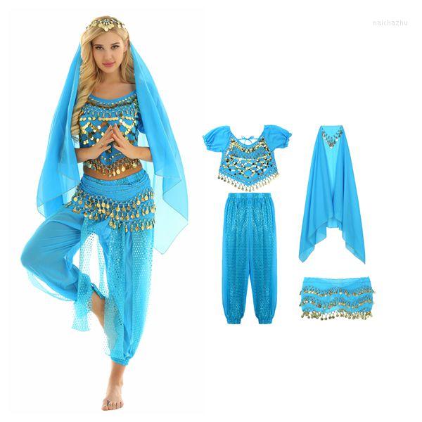 

Stage Wear Women's 4Pcs Halloween Belly Dance Costumes India Performance Adult Dancewear Outfit Sequins Crop Top With Harem Pants Set, White