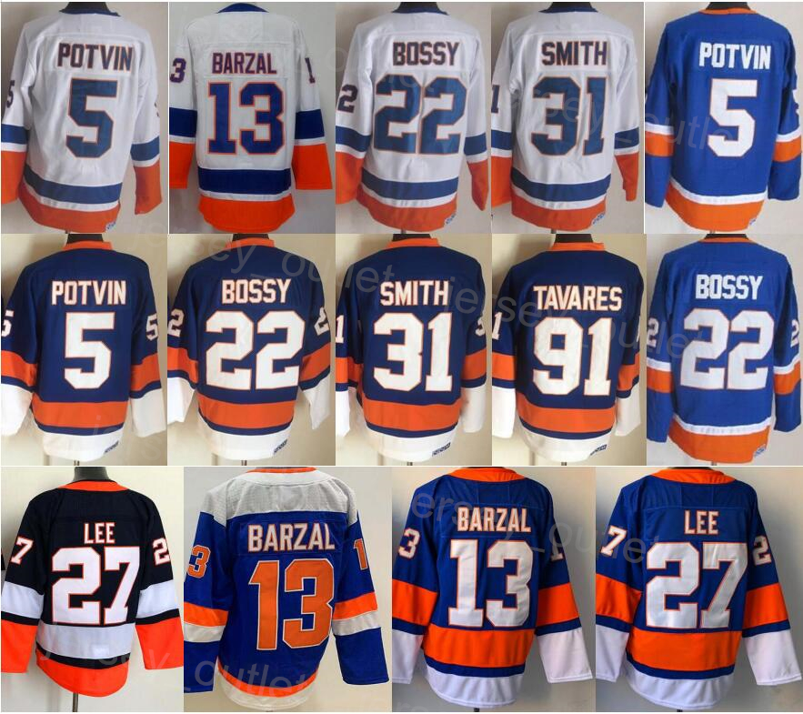Men Ice Hockey 13 Mathew Barzal Jersey 27 Anders Lee 22 Mike Bossy 31 Billy Smith 91 John Tavares 5 Denis Potvin Navy Blue White Team Color All Stit