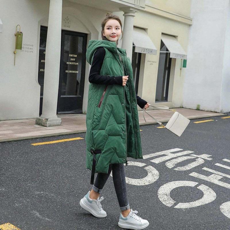 

Women's Vests Women's Large Size Down Jacket Vest Women Solid Color Sleeveless Thicken Keep Warm Hooded Zipper Long Coat Autumn And, Wh