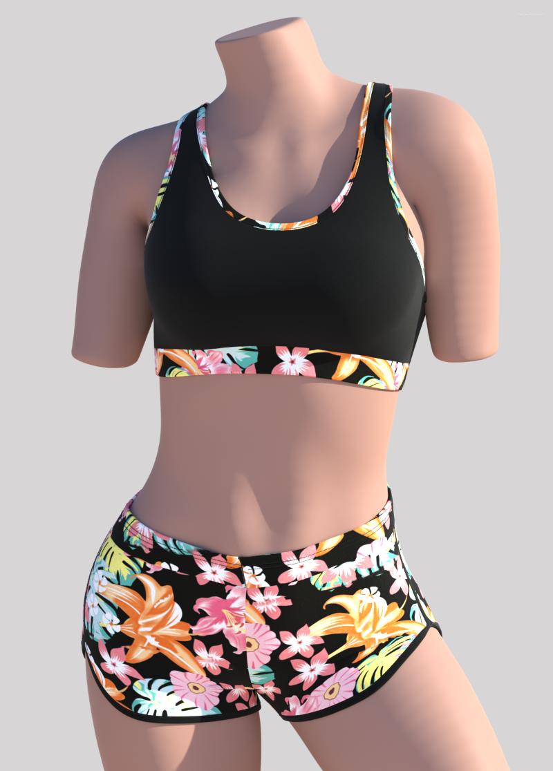 

Women' Swimwear 2022 Flower Pattern Two-piece Sports Vest Boxer Pants Black And ' Swimsuit Bikini