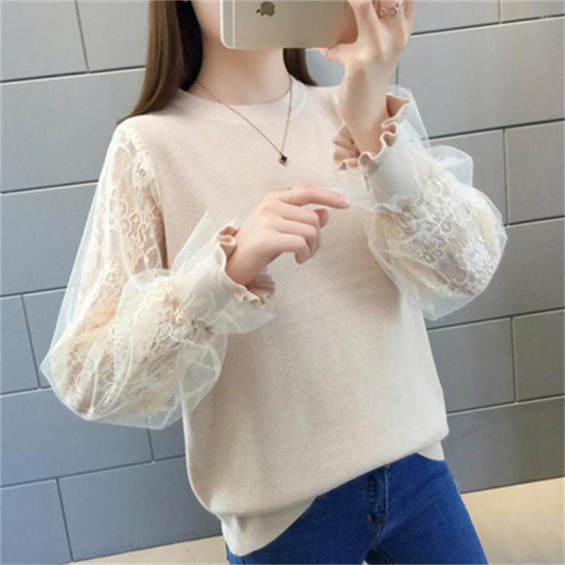 

Women' Sweaters 2022 Female Spring Autumn Ladies Loose Lace Sleeve Pullover Sweater Women O-Neck Casual Knitted Jumper H525, Khaki