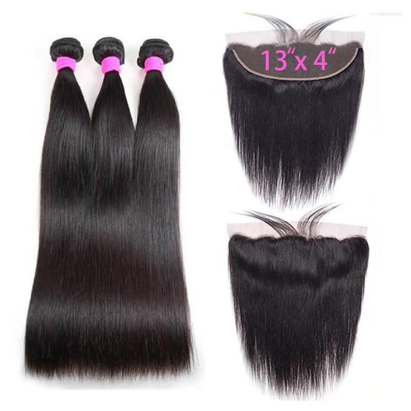 

Human Hair Bulks Straight Bundles With 13x4 Lace Frontal Brazilian Closure Virgin