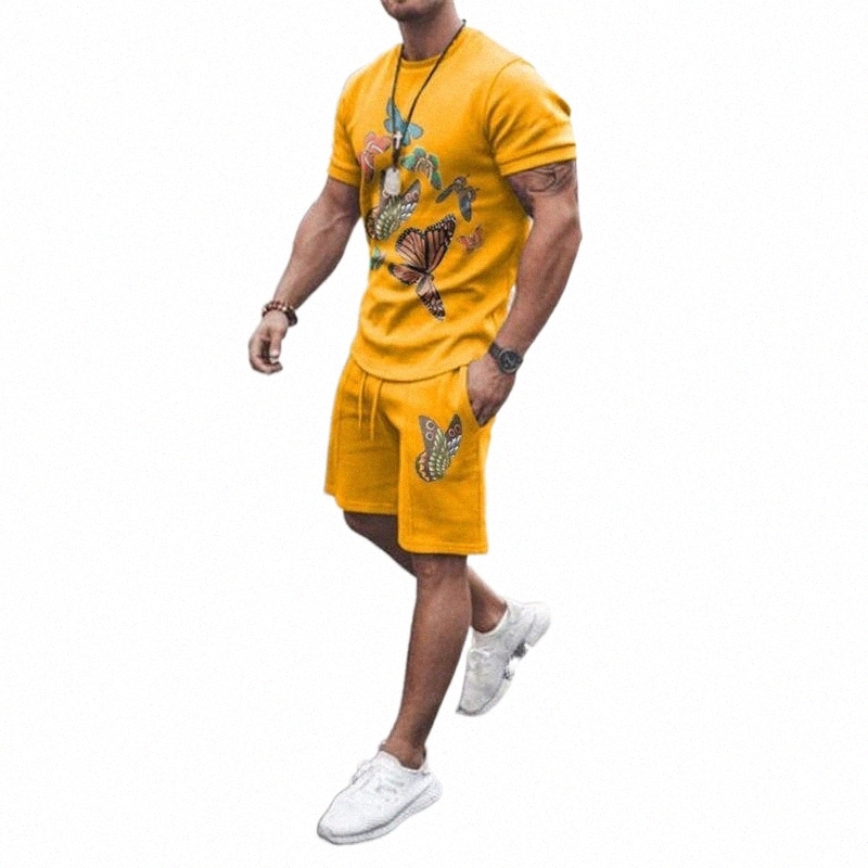 

men's Tracksuits Men Suit Casual Fashion Trendy Hip Hop Summer Butterfly Print Short Sleeve Round Neck Slim Pullover Top Mid Waist Pocket Sh c63f#, Picture