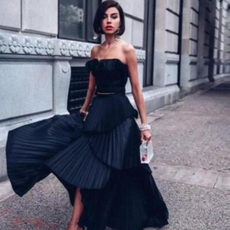 

Party Dresses A Line Dress Modern Black Pleats Evening Tiered Skirt 2022 Simple Strapless Ankle Length Celebrity Gowns, Blue