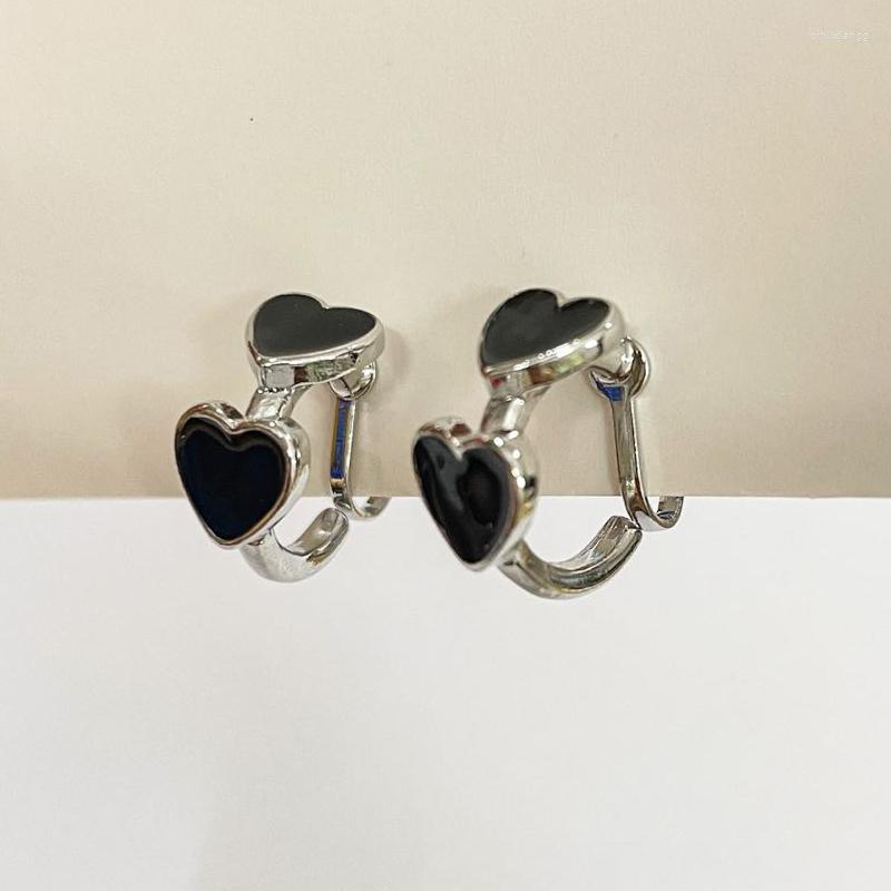 

Backs Earrings 2 Cm Cool Enamel Black Heart Ear Clip On Designed Fashion Round Circle C Shaped Hoop No Piercing Female