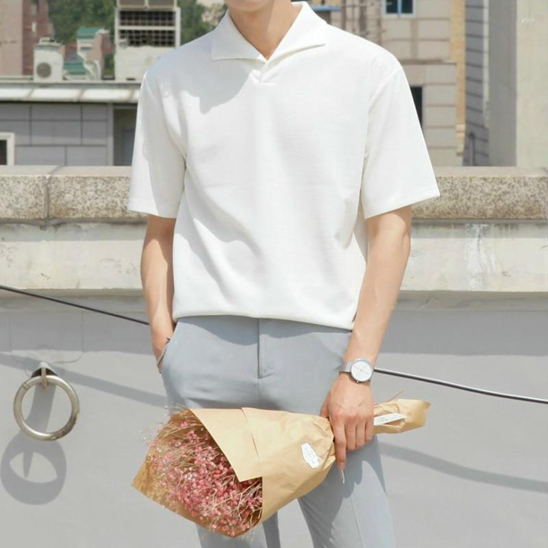 

Men's T Shirts Solid Lapel T-shirt Korean Short Sleeve Loose Tees Boy Simple Slim Summer Top Men 2022, White