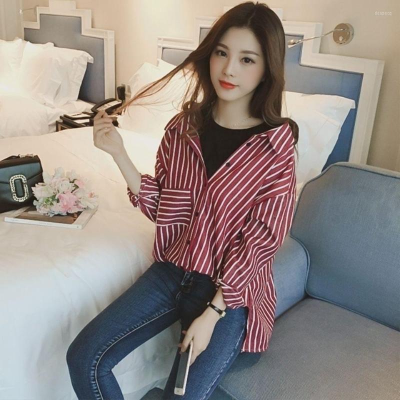 

Women' Blouses Stripe Ladies 2022 Casual Fashion Vintage Youth Loose Top Long Sleeve Aesthetic Beautiful Cute Women' Buttoned Shirt, Red