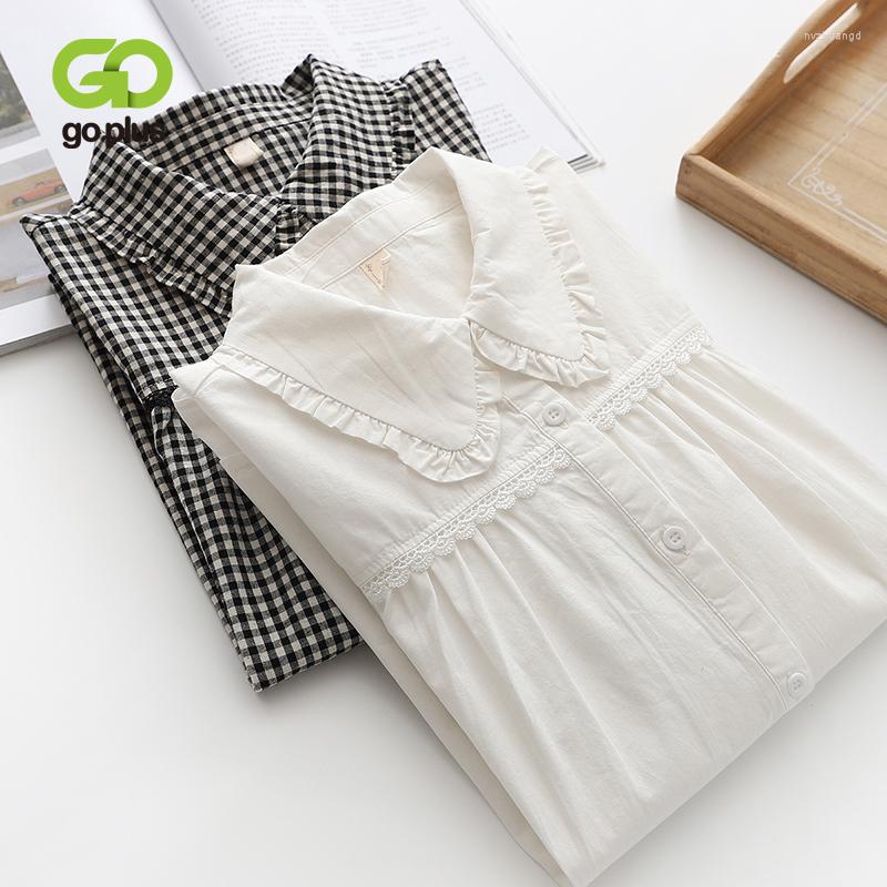 

Women's Blouses GOPLUS Summer Woman Blouse Buttoned White Plaid Shirts Ladies Sweet Tops Chemise Blanche Femme Blusas Buchonas De Mujer, Black