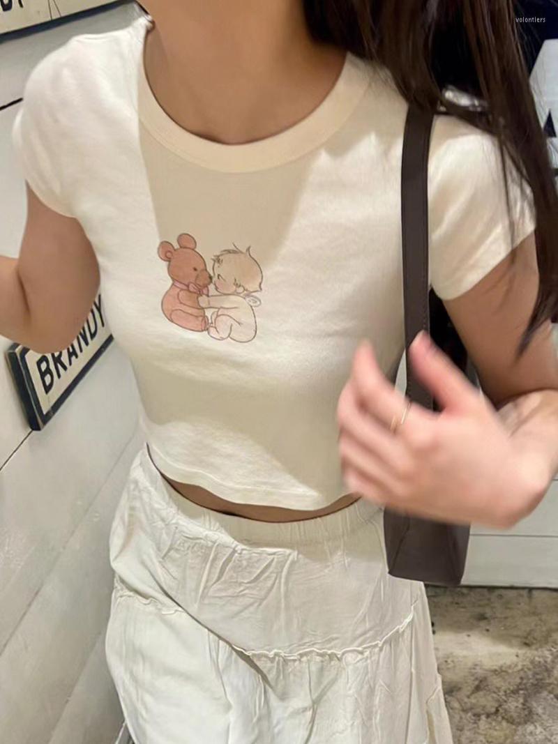 

Women's T Shirts Cartoon Print Beige T-shirts Women 2022 Summer Streetwear Round Neck Short Sleeve Shirt Female Vintage Chic Y2k Crop Top