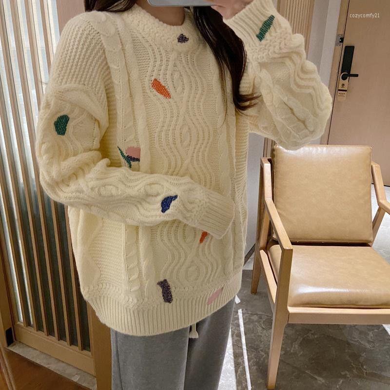 

Women's Sweaters 21 Retro Japanese Color Embroidered Twist Sweater Women's Autumn And Winter Pullover Loose Lazy Style Thickened, Black