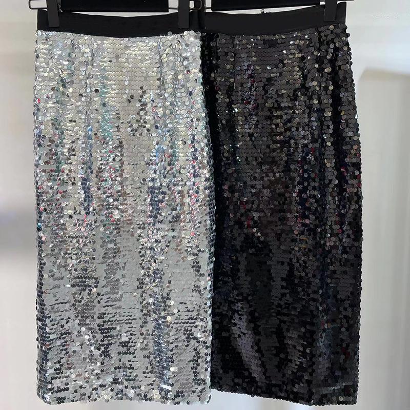 

Skirts Covered Sequins Bling Skirt For Women High Quality Letters Elastic Waist Zip Hip Hug Back Slit Midi Lady 2022, Black