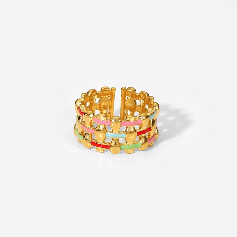 

Cluster Rings Women's Stainless Steel Adjustable Colorful Oil Drop Woven Cross Texture Wide Open 18k Gold Plating Simplicity Ring