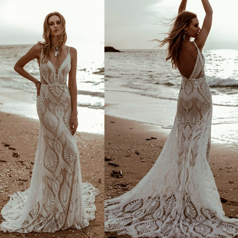 

Boho Beach Lace Mermaid Wedding Dress Spaghetti thin Straps Long Bridal Gowns Sleeveless Illusion Nude Lining Backless Country Robe De Mariage 2023 Summer, Ivory