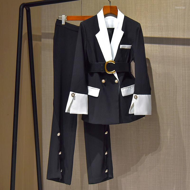 

Women's Suits Black White Stitching Spring Suit For Women Two Pieces Set Formal Long Sleeve Slim Belt Blazer And Trousers Office Ladies Work