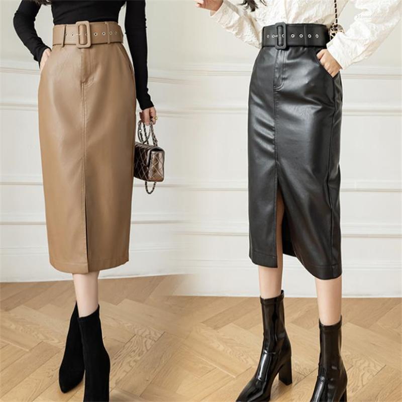 

Skirts Long High Waist Straight Split Skirt Leather A-line Women, Black