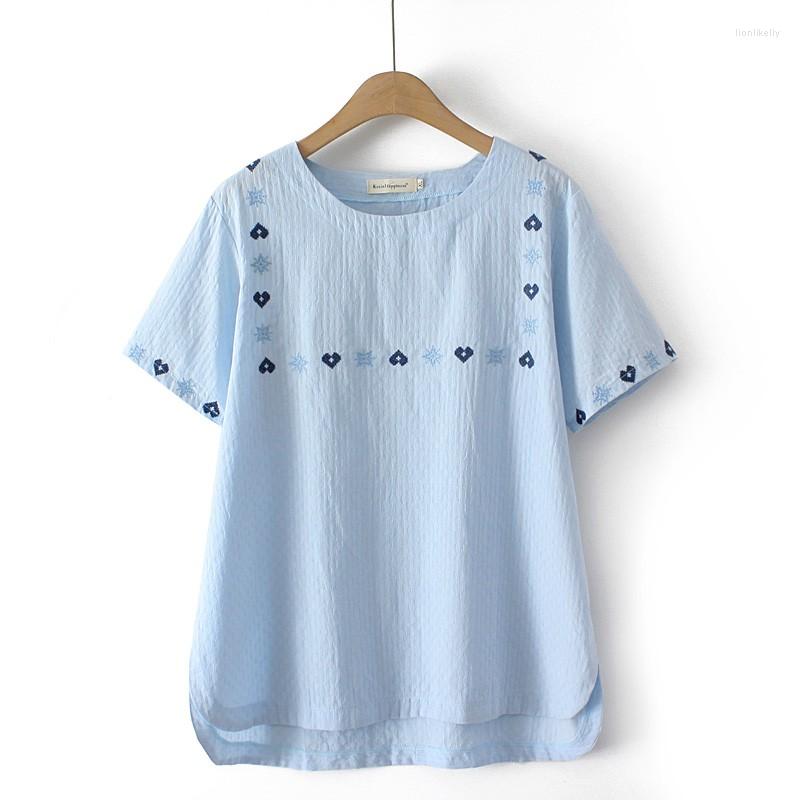 

Women's T Shirts Cotton Summer Womens Tops And Tee Shirt Women White Loose Plus Size Embroidery Floral O-Neck, Blue