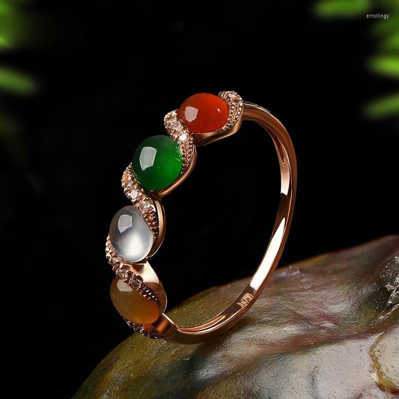 

Cluster Rings Silver Inlaid Natural Multicolor Chalcedony Round Ladies Ring Opening Adjustable Chinese Style Romantic Jewelry