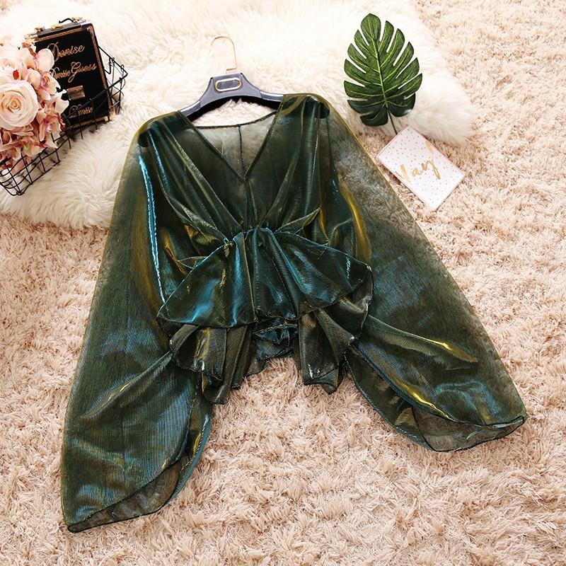 

Women's Blouses Women's & Shirts 2022 Spring And Summer V-neck Bat Sleeve Waist All-match Ruffled Mesh Lightweight Sunscreen Shirt Top, Green