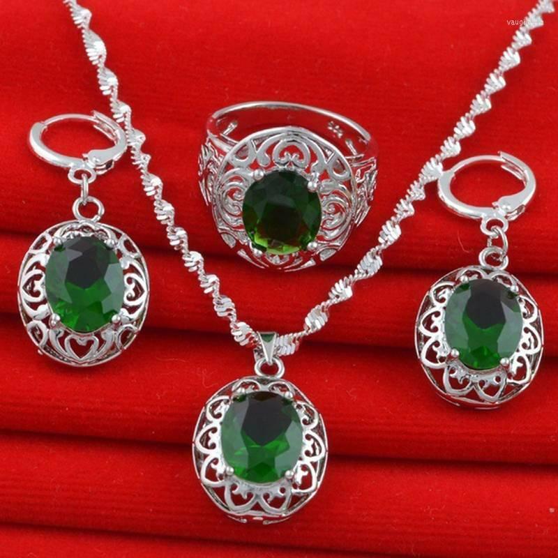 

Necklace Earrings Set Women Fashion Silver Color Pendant Ring Cubic Zirconia Green Rhinestone Jewelry, Picture shown