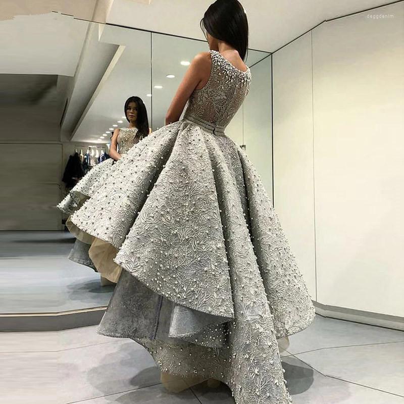 

Party Dresses A Line Sleeveless High Low Prom With Pearls Round Neck Birthday Gowns 2022 Gray Hi Formal Evening Dress, Black