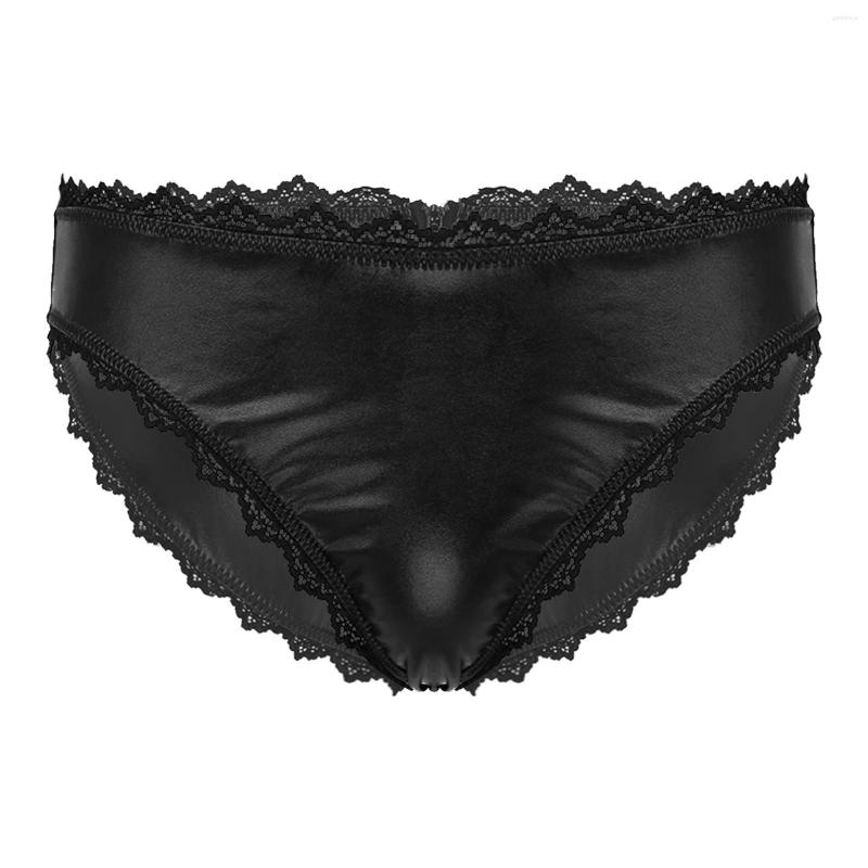 

Underpants Man Wetlook Lingerie Faux Leather Underwear Scalloped Lace Trim Low Waist Zipper Back Briefs Glossy Streatchy Panties, Black