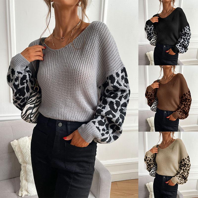 

Women' Sweaters Leopard Printing Patchwork Casual V-Neck Sweater Women Loose Knitted Pullovers Autumn Soft Knitwear Female Retro Jumper, Gray